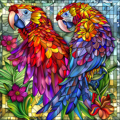 Fototapeta premium Stained glass vector-style image of beautiful Scarlet Macaw bird tail, tropical flowers, bird feathers, color coordinated abstract expressionism surrealism apophysis paisley design