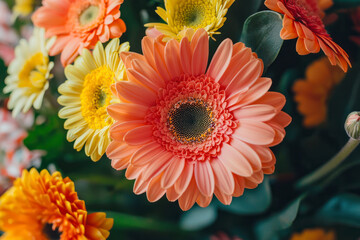 Obraz premium Gerbera cut flowers for flower arrangement. Space for text.