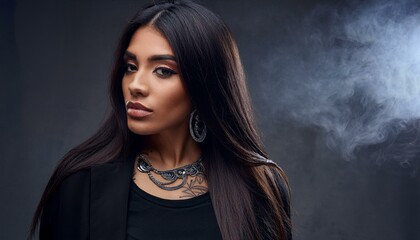 Fototapeta premium Trendy hispanic female model, with long hair, wearing plain black t-shirt 