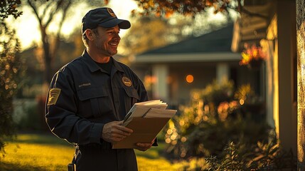 Smiling postal worker delivering mail to a suburban home on a sunny day