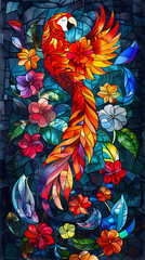 Stained glass vector-style image of beautiful Scarlet Macaw bird tail, tropical flowers, bird feathers, color coordinated abstract expressionism surrealism apophysis paisley design