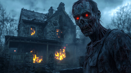 Fototapeta premium A horrifying, decayed zombie with glowing orange eyes lurks in front of a burning house, set in a foggy and eerie village, creating a terrifying, apocalyptic scene.