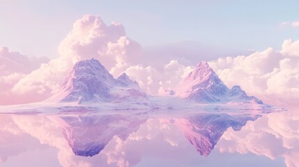 Imagine a tranquil landscape with majestic pink and purple mountains, fluffy white clouds, and a shimmering surface reflecting the beauty, creating a calm and soothing atmosphere for the soul