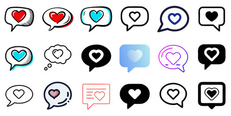 Collection of heart icons in speech bubbles representing love and affection