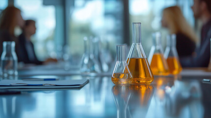 Scientific and science tools on a meeting table representing the role of scientific advisory boards in business strategy and innovation in industry at top level of management background