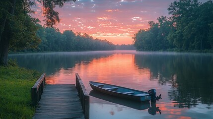 Peaceful sunrise over the Mississippi River with a boat tied to a wooden dock in calm waters