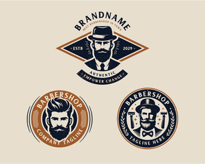 Naklejka premium Set bundle vintage barbershop gentleman beard and mustache logo for business company 