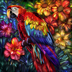 Fototapeta premium Stained glass vector-style image of beautiful Scarlet Macaw bird tail, tropical flowers, bird feathers, color coordinated abstract expressionism surrealism apophysis paisley design