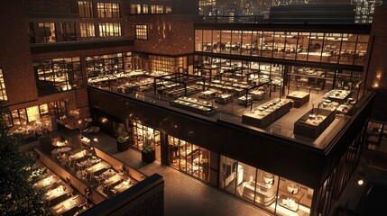 A high-end culinary school with a dark chocolate exterior, featuring state-of-the-art kitchens and dining areas, nestled in a foodie city's vibrant center