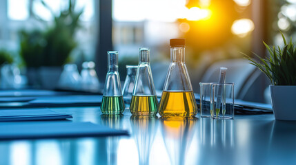 Scientific and science tools on a meeting table representing the role of scientific advisory boards in business strategy and innovation in industry at top level of management background