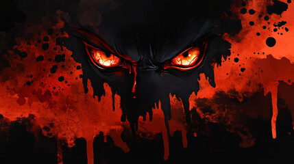 A spooky Halloween banner with blood splatters, creepy font, and glowing eyes.