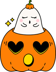 Cartoon Cute Halloween Ghost Emerges from Pumpkin