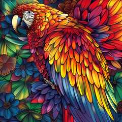 Obraz premium Stained glass vector-style image of beautiful Scarlet Macaw bird tail, tropical flowers, bird feathers, color coordinated abstract expressionism surrealism apophysis paisley design