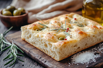 Traditional Italian focaccia bread with olives, rosemary, salt and olive oil. Homemade focaccia.