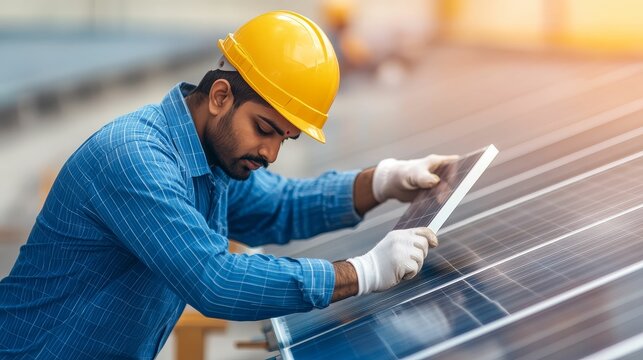 Indian workers assembling solar panels in a manufacturing plant, driving renewable industry