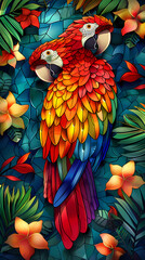 Obraz premium Stained glass vector-style image of beautiful Scarlet Macaw bird tail, tropical flowers, bird feathers, color coordinated abstract expressionism surrealism apophysis paisley design