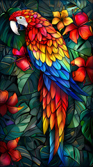 Stained glass vector-style image of beautiful Scarlet Macaw bird tail, tropical flowers, bird feathers, color coordinated abstract expressionism surrealism apophysis paisley design