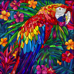 Stained glass vector-style image of beautiful Scarlet Macaw bird tail, tropical flowers, bird feathers, color coordinated abstract expressionism surrealism apophysis paisley design