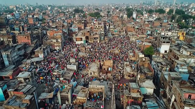 Aerial View of a Bustling Urban Slum in India During the Day Generative AI