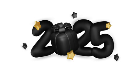 2025 Realistic glossy number with black gift box. Happy New Year and Merry Christmas 2025. Greeting card. Vector 3d rendering.