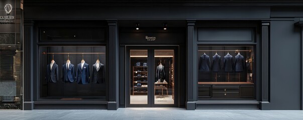 A high-end dark grey exterior tailor and custom suit shop, offering bespoke services, located in a luxury retail district