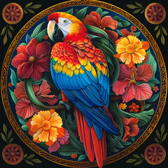 Obraz premium very bright and colorful mandala,very detailed high quality,object in center,Scarlet Macaw whole body