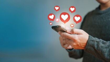 Social media and digital online communication concept, man using smartphone with likes icons on social media. Banner background