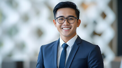 Professional Bank Teller Smiling, Indonesian Female in Blue Uniform