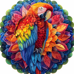 very bright and colorful mandala,very detailed high quality,object in center,Scarlet Macaw whole body