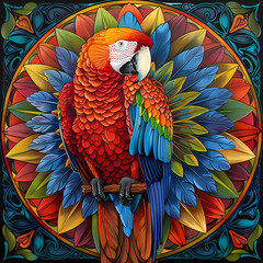 Fototapeta premium very bright and colorful mandala,very detailed high quality,object in center,Scarlet Macaw whole body