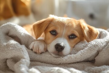 adorable puppy nestled in plush towels bathed in warm sunlight creating cozy and heartwarming scene