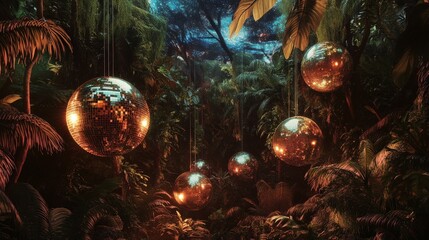 A vibrant nighttime scene in a tropical forest, showcasing glowing disco balls hanging amidst the lush vegetation, blending modern party elements with nature.