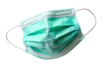 Green surgical face mask with elastic earloops isolated on transparent background