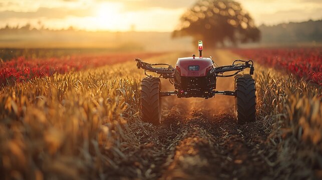 AI-powered agricultural machines analyzing soil data in real time, adjusting fertilization and watering accordingly