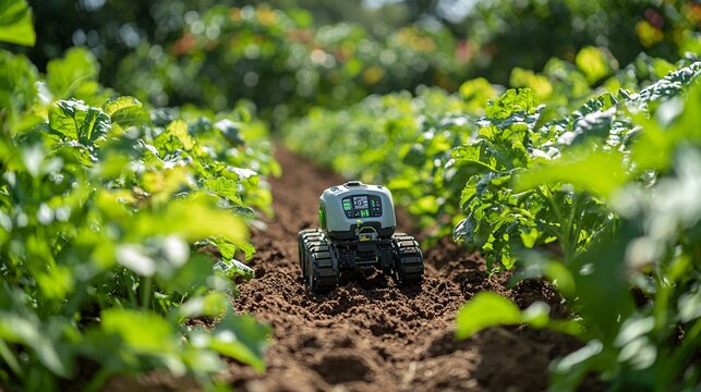 AI-powered agricultural machines analyzing soil data in real time, adjusting fertilization and watering accordingly
