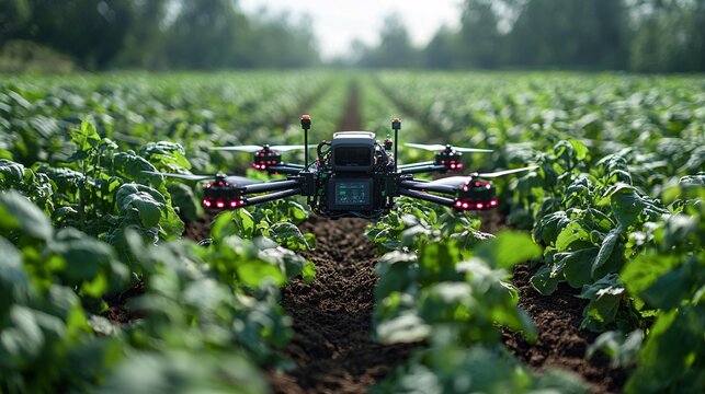 AI-powered agricultural machines analyzing soil data in real time, adjusting fertilization and watering accordingly