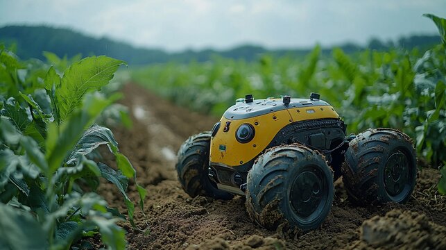 AI-powered agricultural machines analyzing soil data in real time, adjusting fertilization and watering accordingly