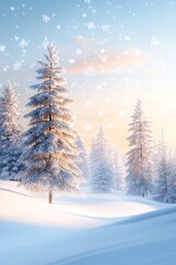 Fototapeta premium Snow-Covered Evergreen Forest at Sunrise with Gently Falling Snowflakes