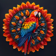 Obraz premium very bright and colorful mandala,very detailed high quality,object in center,Scarlet Macaw whole body