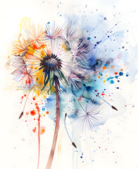 watercolor illustration of dandelions fluttering in the wind close up on a white background
