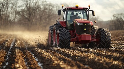 Obraz premium AI-powered tractors driving themselves across vast fields, performing tasks like plowing, seeding, and fertilizing