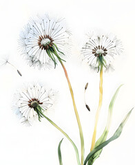 watercolor illustration of dandelions fluttering in the wind close up on a white background