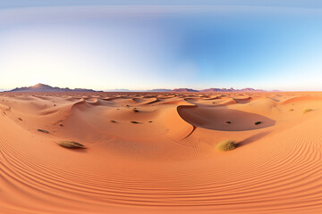 Spherical 360 degrees seamless panorama view in equirectangular projection,  wild natural landscape of a beautiful desert of dry hot sand and dunes under a serene  blue sky
