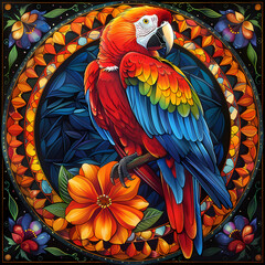 Fototapeta premium very bright and colorful mandala,very detailed high quality,object in center,Scarlet Macaw whole body