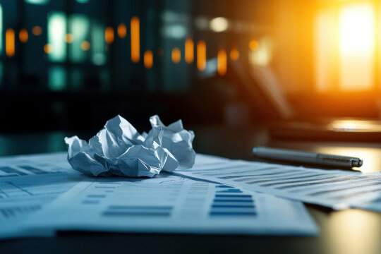 Crumpled business documents and failed charts scattered across a desk, representing a failed business plan and financial mismanagement