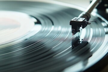 Detailed focused shot of a turntable needle tracing the grooves of a spinning vinyl record,...