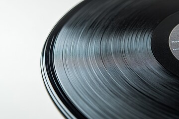 Close-up image of a vinyl record's grooves, highlighting the texture and details of the classic music medium, perfect for music and vintage enthusiasts.