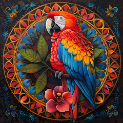 Obraz premium very bright and colorful mandala,very detailed high quality,object in center,Scarlet Macaw whole body