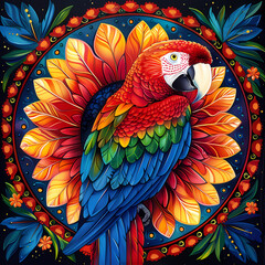 Obraz premium very bright and colorful mandala,very detailed high quality,object in center,Scarlet Macaw whole body