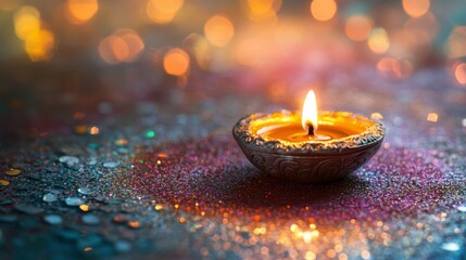 A single diya placed on a textured silver rangoli with shimmering accents, with glitters and sparkles in air, low level angle, copy space, happy Diwali background, traditional, Indian festival